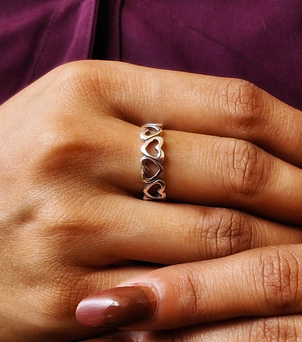 925 Silver Romantic Heart Chain Ring