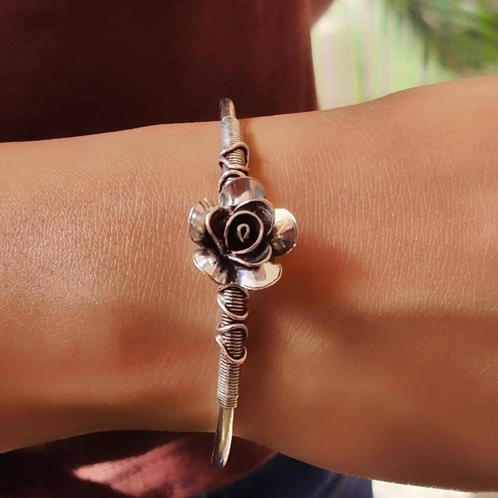 925 Sterling Silver Adjustable Rose Flower Bangle