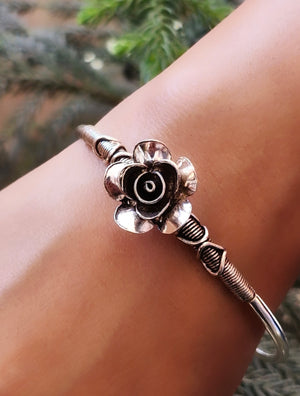 925 Sterling Silver Adjustable Rose Flower Bangle
