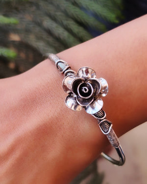 925 Sterling Silver Adjustable Rose Flower Bangle