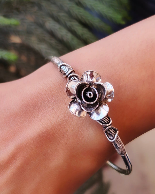 925 Sterling Silver Adjustable Rose Flower Bangle