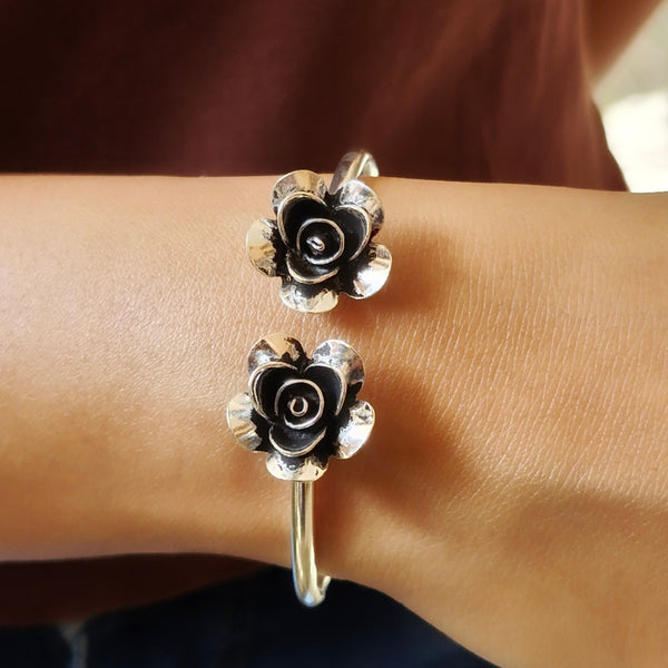 925 Silver Double Rose Adjustable Flower Bangle