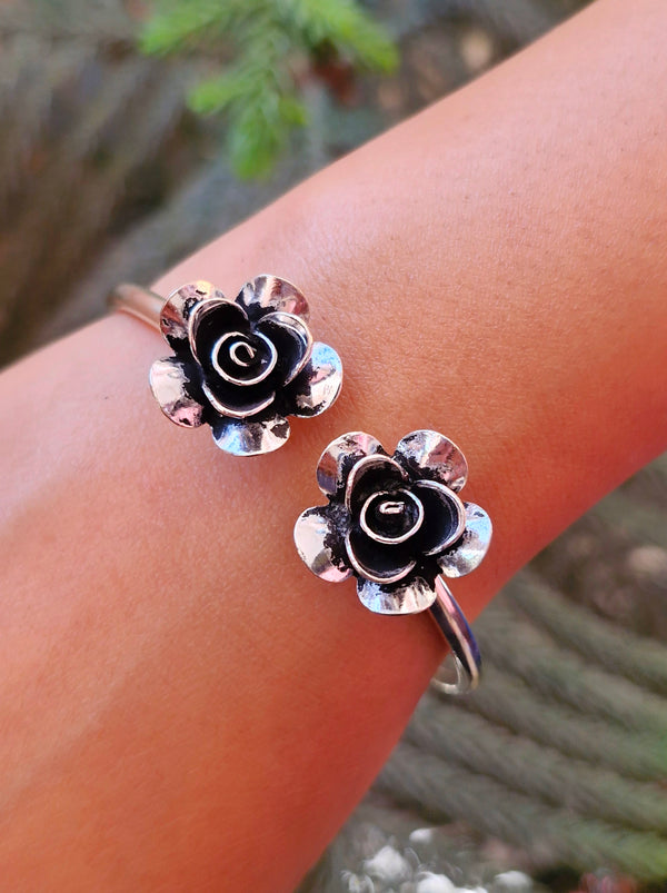 925 Silver Double Rose Adjustable Flower Bangle