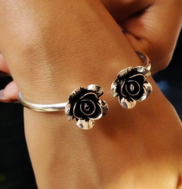 925 Silver Double Rose Adjustable Flower Bangle