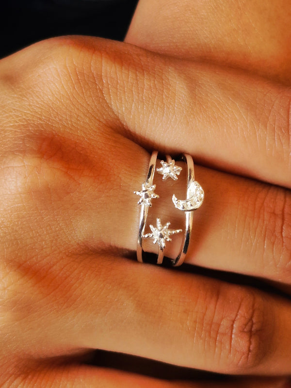 925 Sterling Silver Adjustable Moon Star Ring