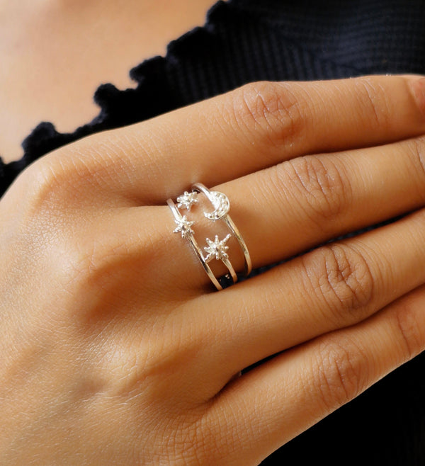 925 Sterling Silver Adjustable Moon Star Ring