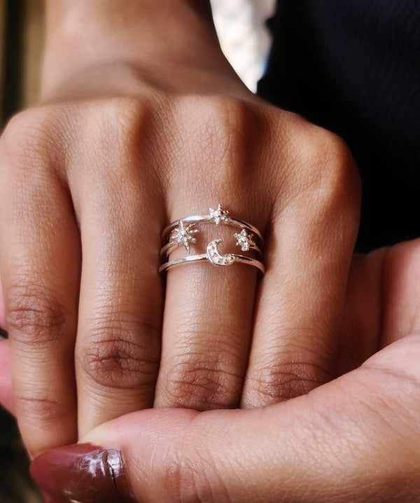 925 Sterling Silver Adjustable Moon Star Ring