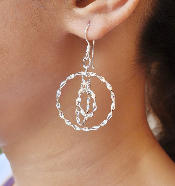 925 Sterling Silver Triple Circle Dangle Earrings