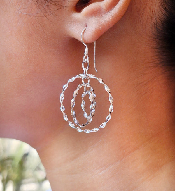 925 Sterling Silver Triple Circle Dangle Earrings